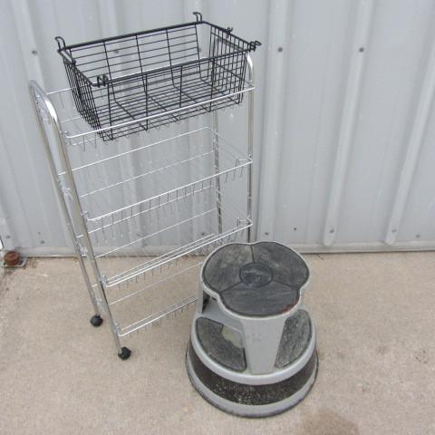 Kik step stool, wire frame shelf wi...