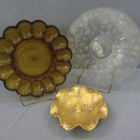 Amber egg plate, fancy etched glass...