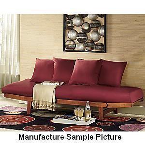 lot 3 image: Red and Oak Finish Futon Lounger Ex...