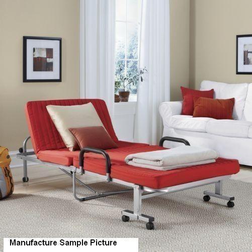 lot 54 image: NEW Red and Silver Folding Bed Unfo...