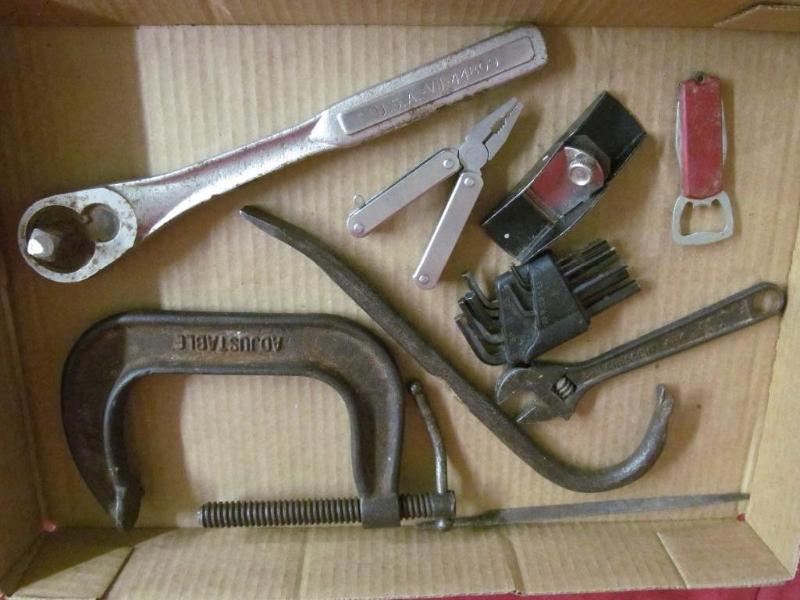 Box of Tools - C Clamp, Ratchet, Wr...
