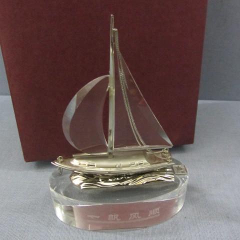 Crystal glass &amp silver ship,