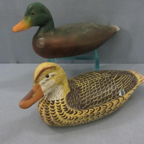 Pair Mallard decoys, wooden, ...