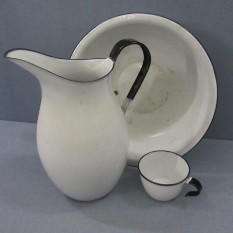 Enamel pitcher, bowl &amp cup,
