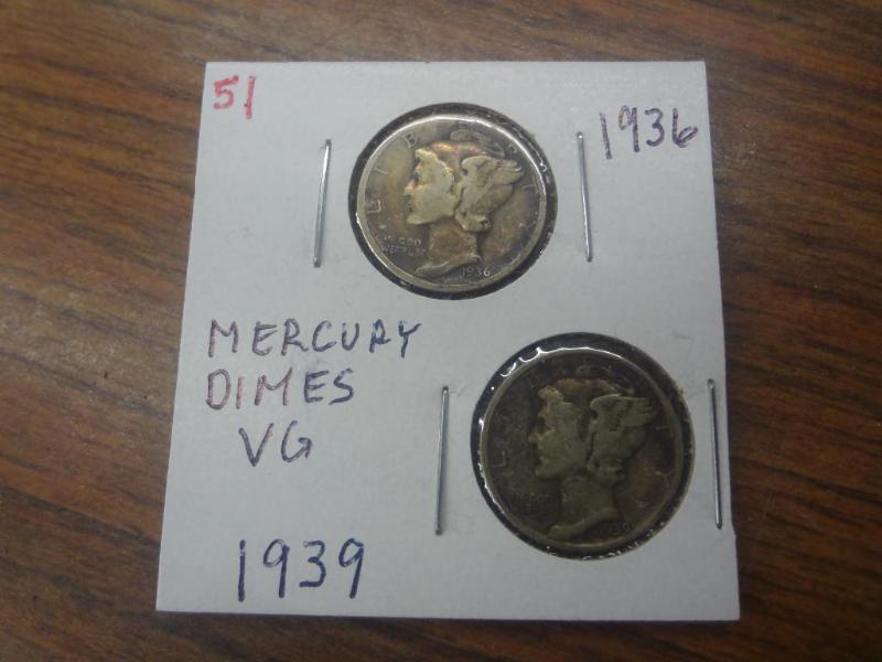 1936 and 1939 Mercury Dimes VG...