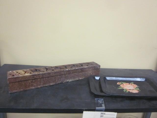 lot 107 image: Stone inscent burner and (2) metal ...