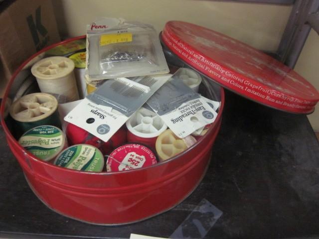 lot 118 image: Vintage sewing tin with thread and ...
