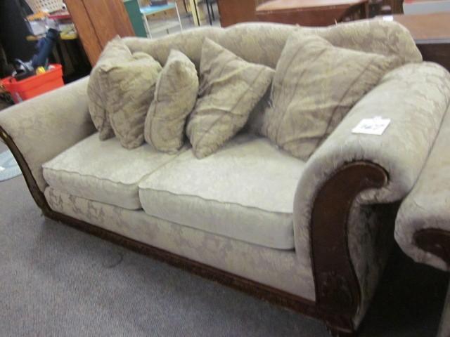 lot 167 image: Sofa with pillows, missing leg, pro...