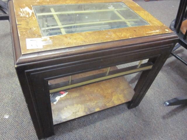 lot 175 image: Wood and metal glass top end table,...