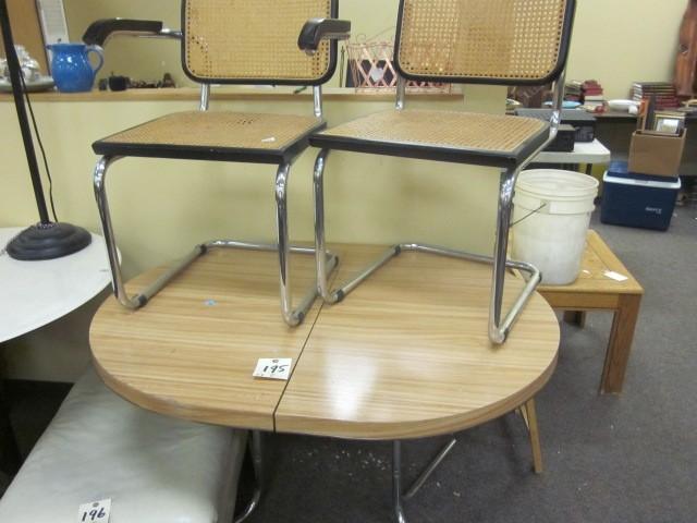 lot 195 image: Blond wood table with metal base an...