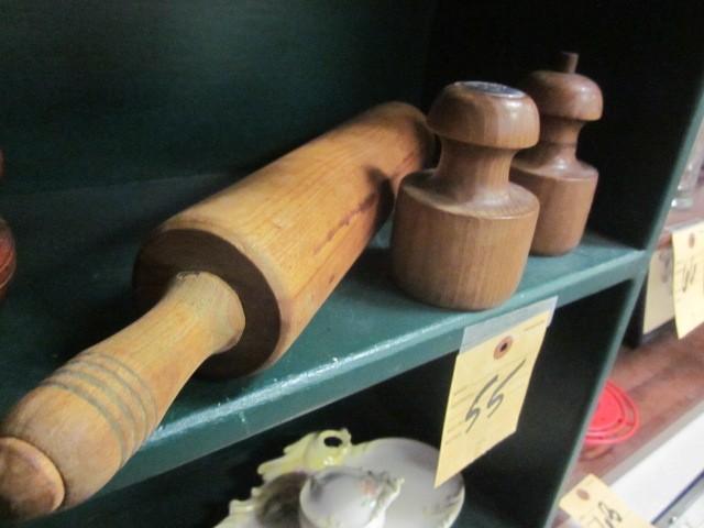 lot 55 image: Vintage wooden rolling pin and wood...