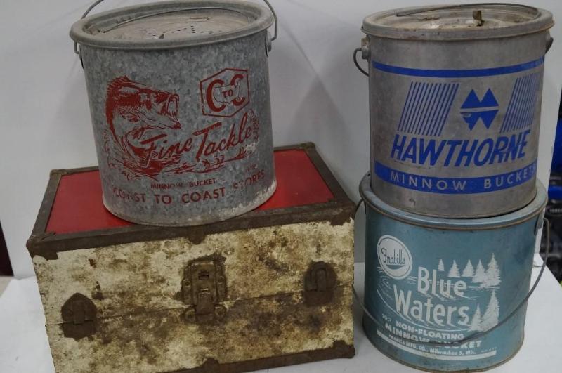 3 old minnow buckets and tin box...