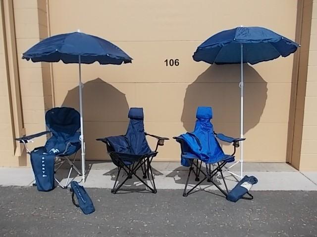 lot 31 image: 3-Folding Chairs, 2-Umbrellas With ...