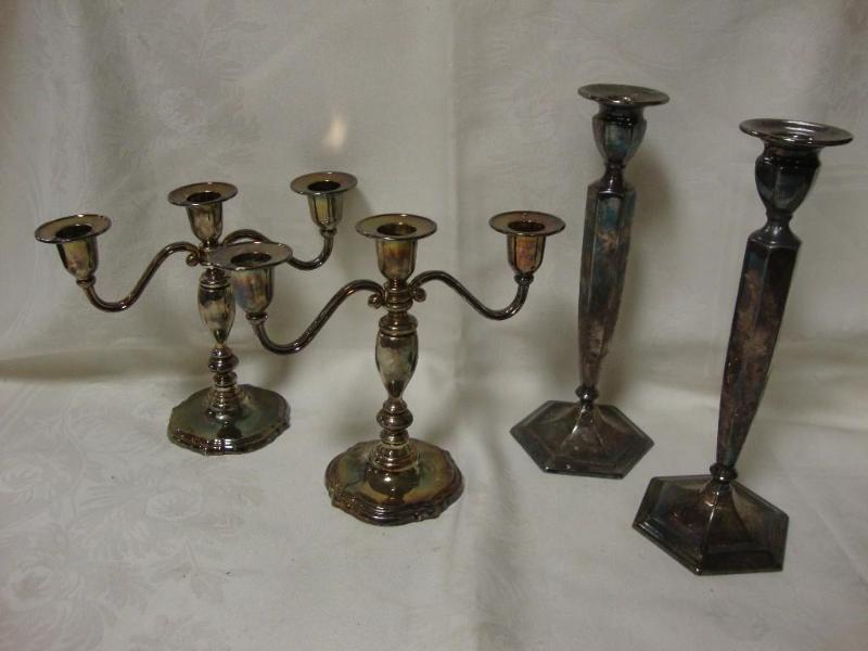 lot 82 image: 2 pair silver plated candle holders...