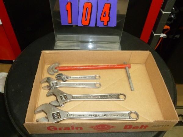 lot 104 image: Flat of 4 crescents wrenches. Some ...