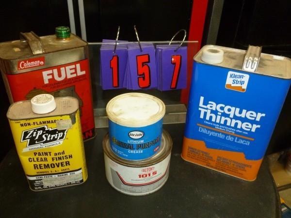 lot 157 image: Box of misc. 1 gallon coleman fuel....