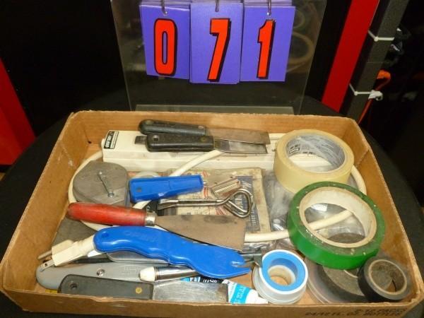lot 71 image: Flat of misc putty knifes and tape ...