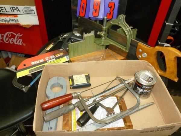 lot 93 image: Flat of hand saws and miter saw. As...