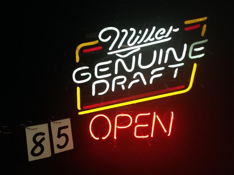 Miller Genuine Draft Open. Sign wor...