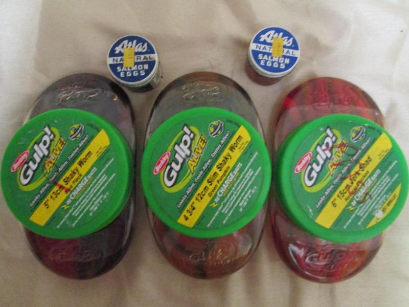 lot 65 image: Lot of bait. 3 Gulp Alive, 2 salm...
