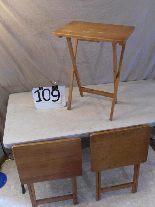 lot 109 image: Lot of 3 Wood TV Trays. Need to be ...