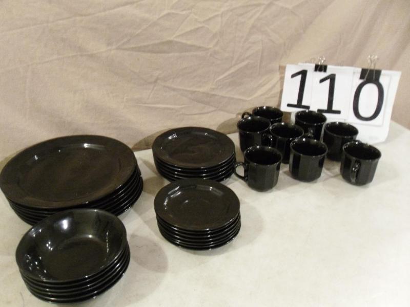 lot 110 image: Black Stoneware Dish Set. 8 Coffee ...