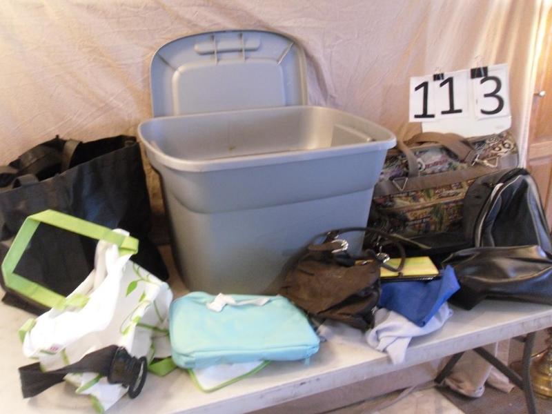 lot 113 image: Gray Tote with Lid Full of Assorted...