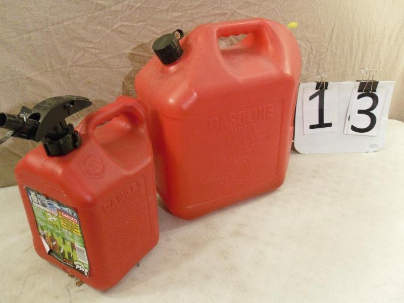 lot 13 image: 2 gas cans. One 5 gallon, one 2 gal...