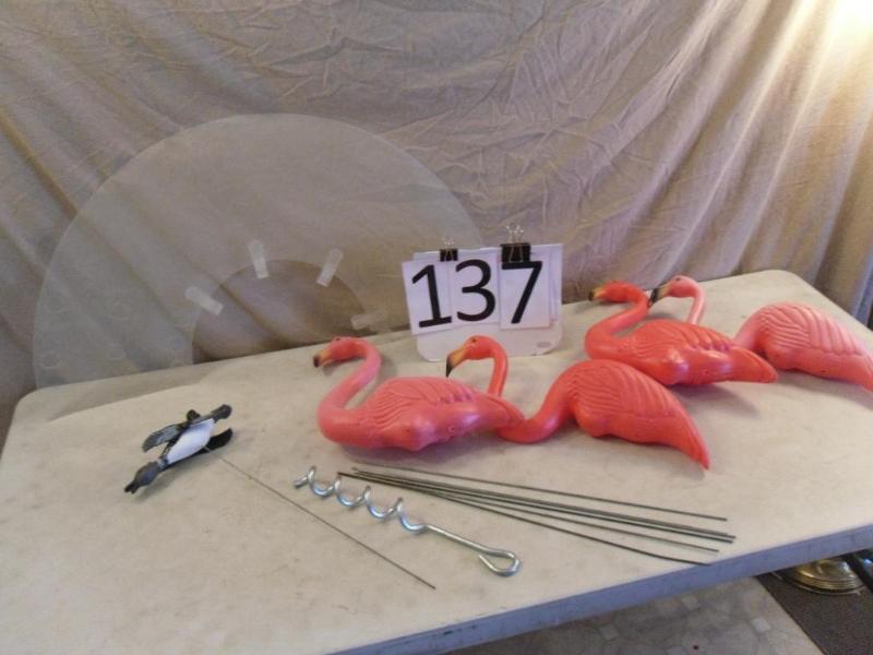 lot 137 image: 4 yard flamingos, dog tie out, dog ...