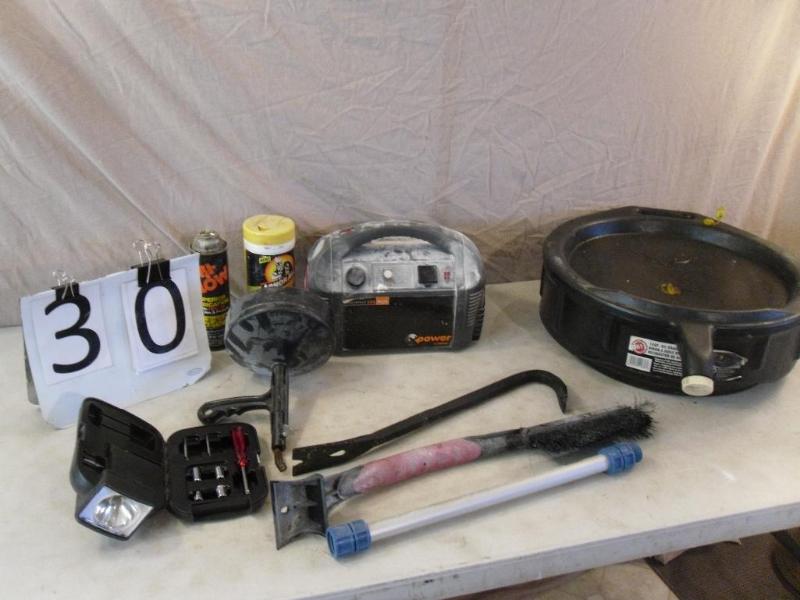 lot 30 image: Oil Drain Pan, Car Jumper Pack, Dra...