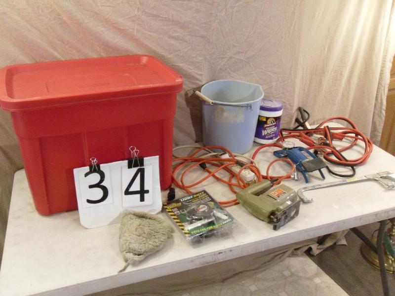 lot 34 image: Jumper Cables, Hacksaw, Air Pump, E...