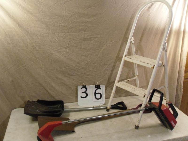 lot 36 image: Metal Step Stool, Spade Shovel, Com...