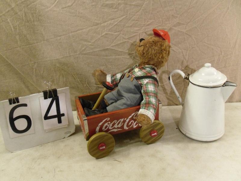 lot 64 image: Coca Cola Wood Wagon Bear and Ename...