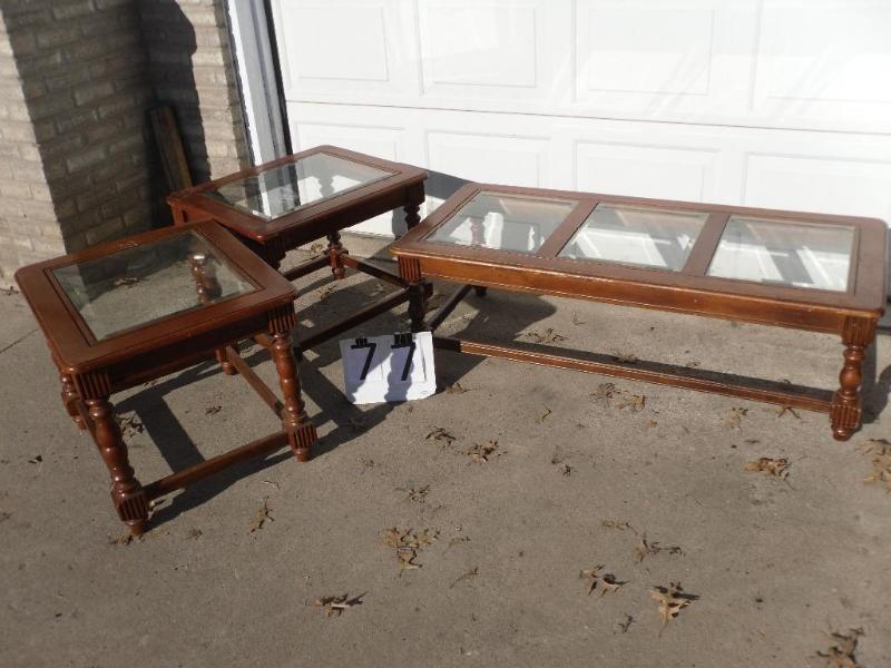 lot 77 image: Lot of 3 Wood with Glass Top Tables...