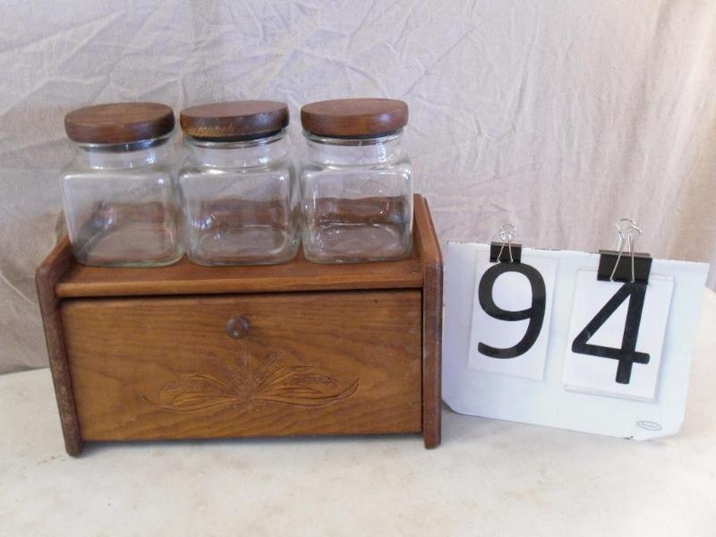 lot 94 image: Wood Bread Box and 3 Pc Glass Canis...