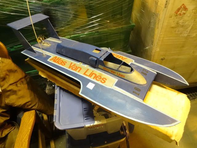 lot 157 image: Atlas van lines wood RC boat. No mo...