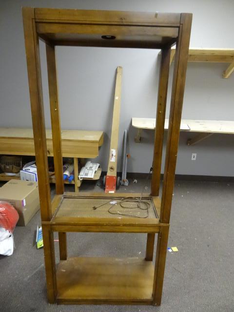 lot 42 image: 2 wood lighted shelving units. 32 x...