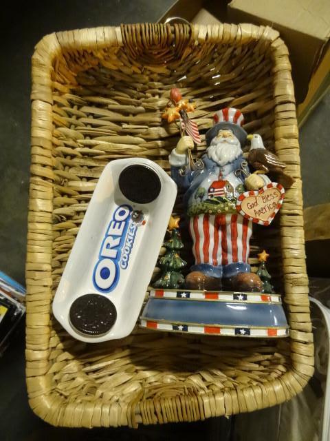 lot 86E image: Uncle sam music box. Wicker tray an...