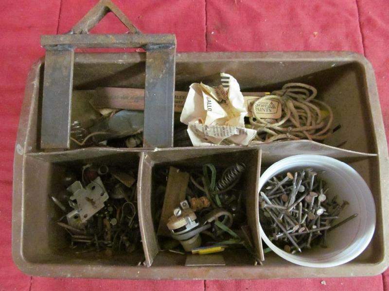 lot 184 image: Tote of Hardware, nails, rope, brus...