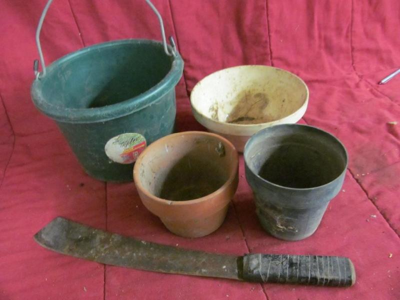 lot 198 image: Gallon Pail, 3 planters and Machete...