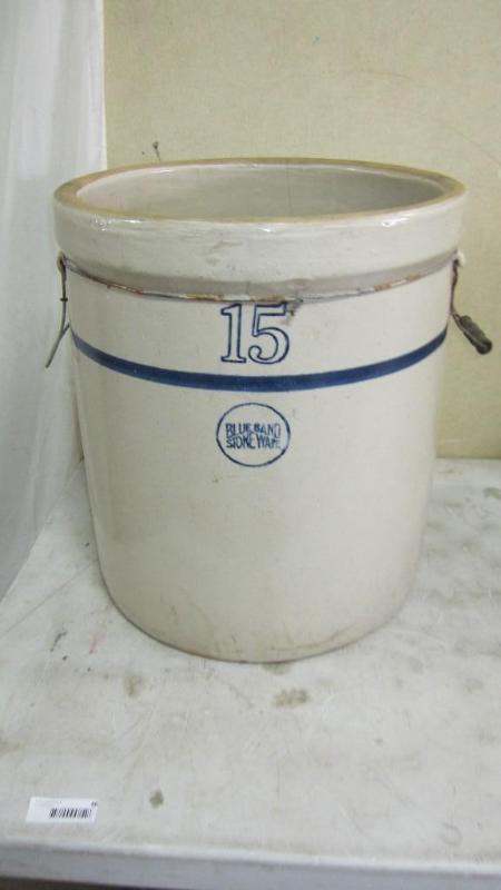 15 gal Stone Blue Band Crock, crack...