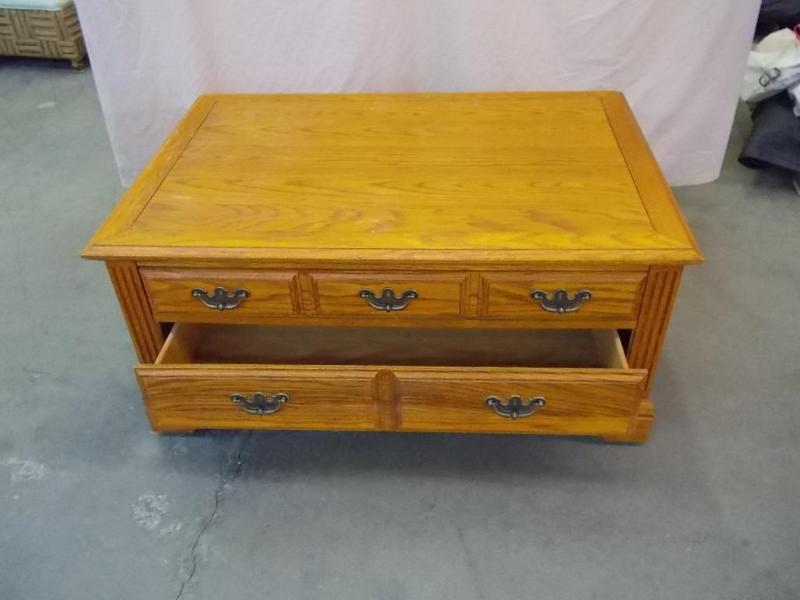 lot 19 image: Broyhill, 2 drawer oak finish coffe...