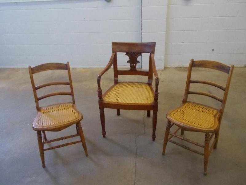 lot 9 image: 3 wood chairs with cane seats. ...