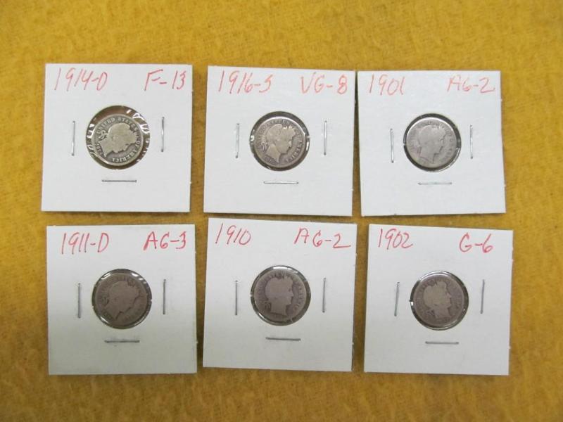 Group of 6 Barber Dimes 1901, 1902,...