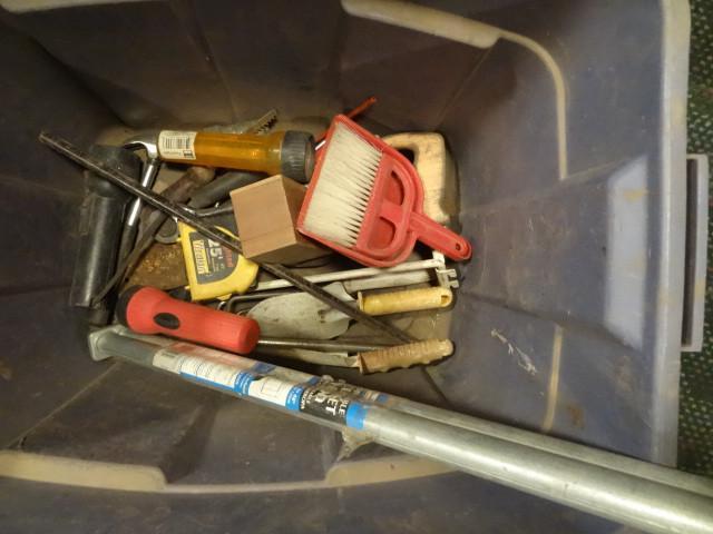 Tub of misc tools, garden tools, fl...