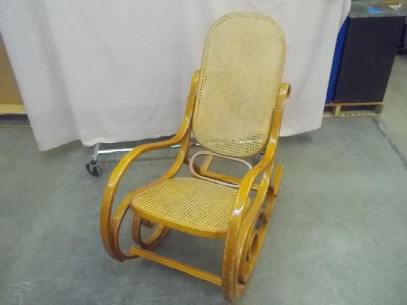 lot 9 image: Wood frame rocking chair with cane ...