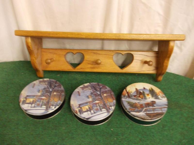Oak Wall Shelf &amp 3-Picture Tins...