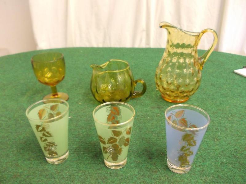 lot 9 image: 2-Amber Glass Pitchers, Amber Glass...
