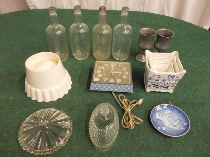 lot 91 image: 4-Old Quaker Bottles,2-Pewter Goble...