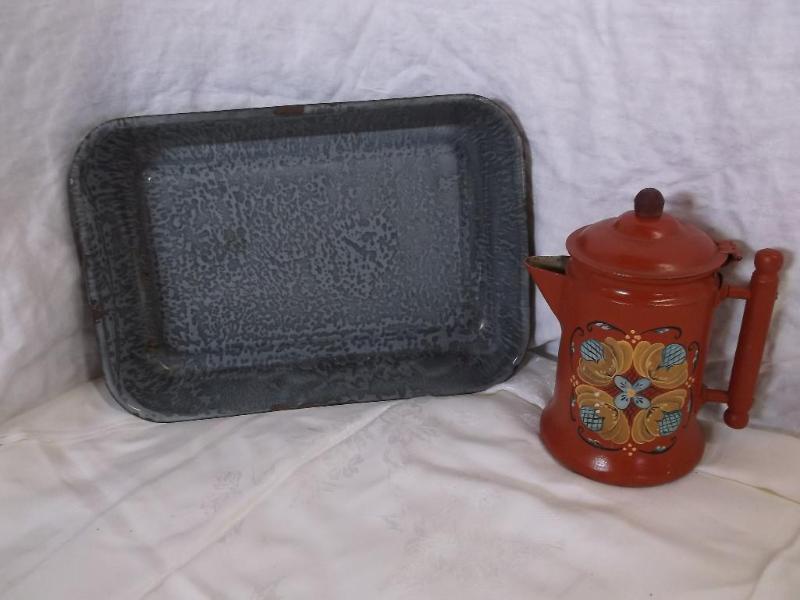 Enamel cake pan and cute little cof...